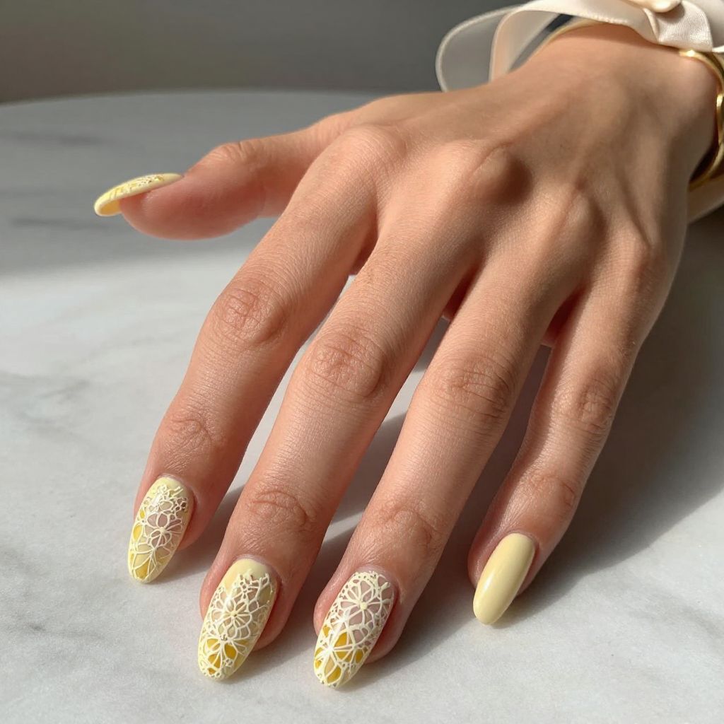 Pale Yellow with Cream Lace Effect Overlay