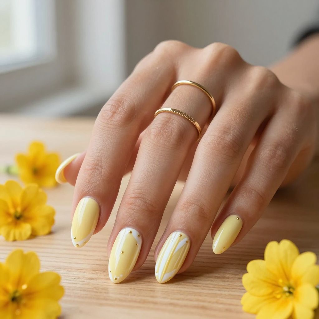 Pale Yellow Sunshine Nails with White Details