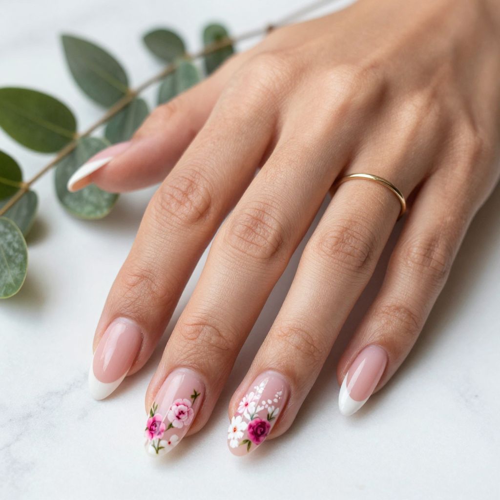 Soft Pink French Tips with Flower Details