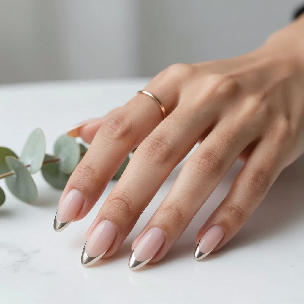 Nude Pink French Tips with Chrome Accents