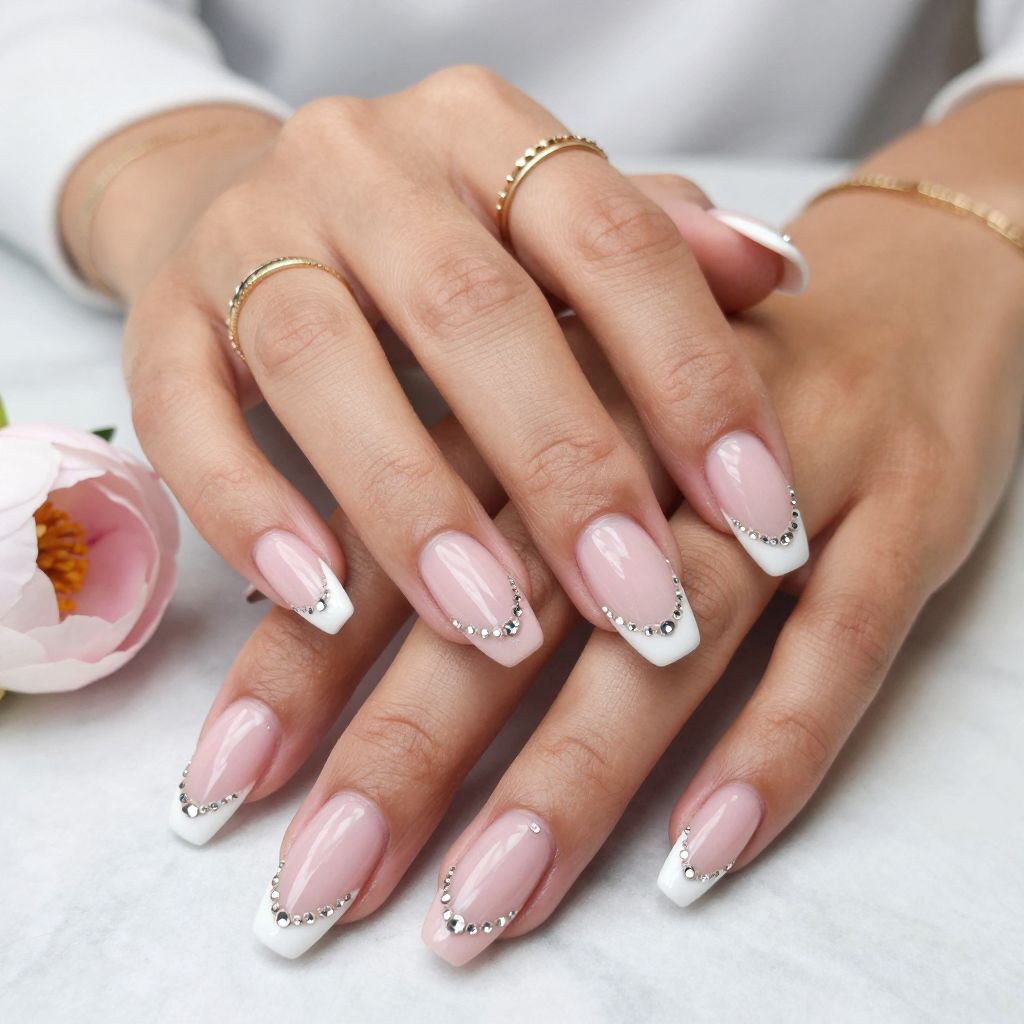 Sparkly Pink French Tips with Rhinestone Details