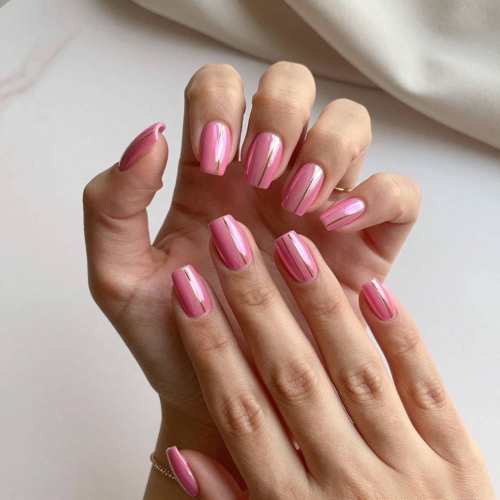 Hot Pink Chrome Nails with Metallic Striping