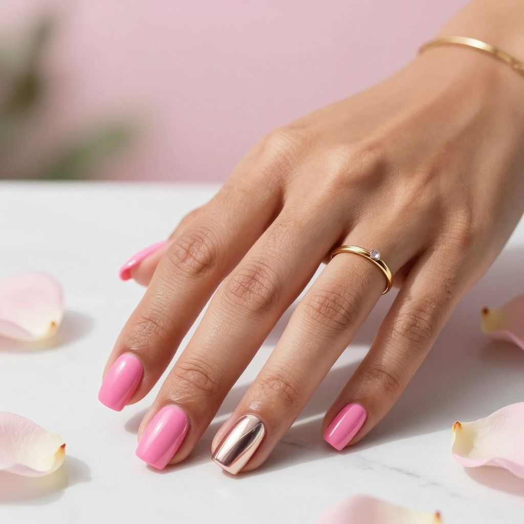 Bright Pink with Metallic Chrome Mirror Accent Nail
