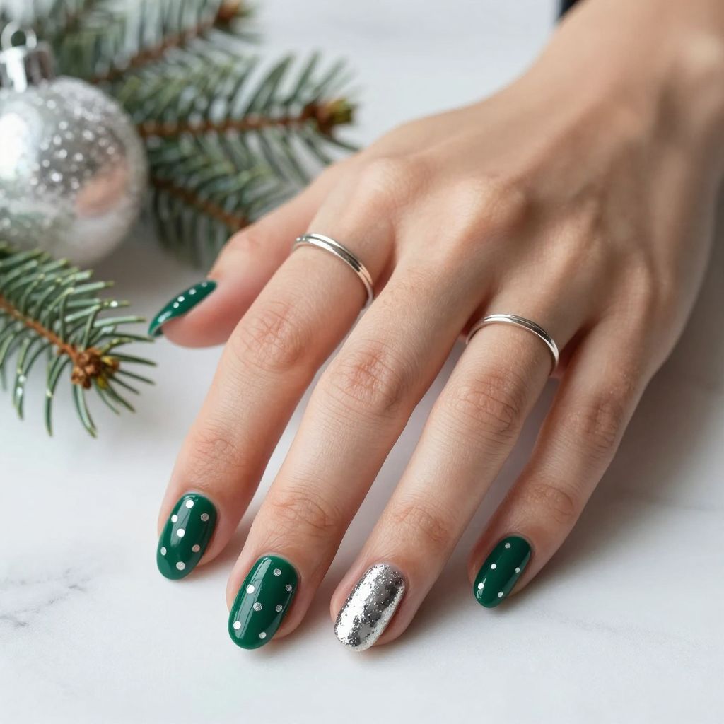 Emerald Green and Silver Polka Dots