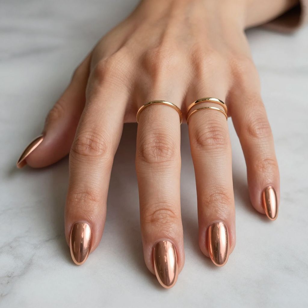 Chrome Almond Nails in Rose Gold