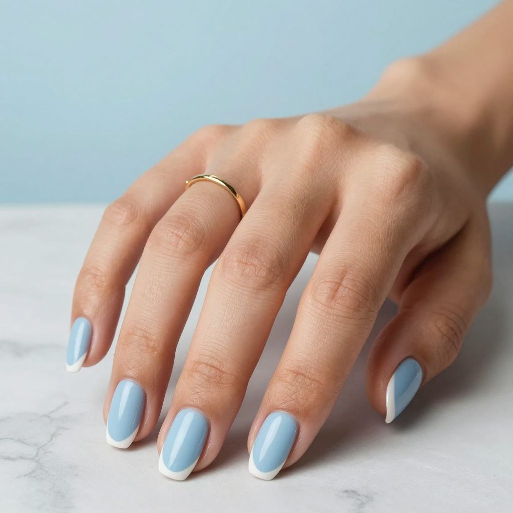 Soft Blue Almond Nails with White Tips