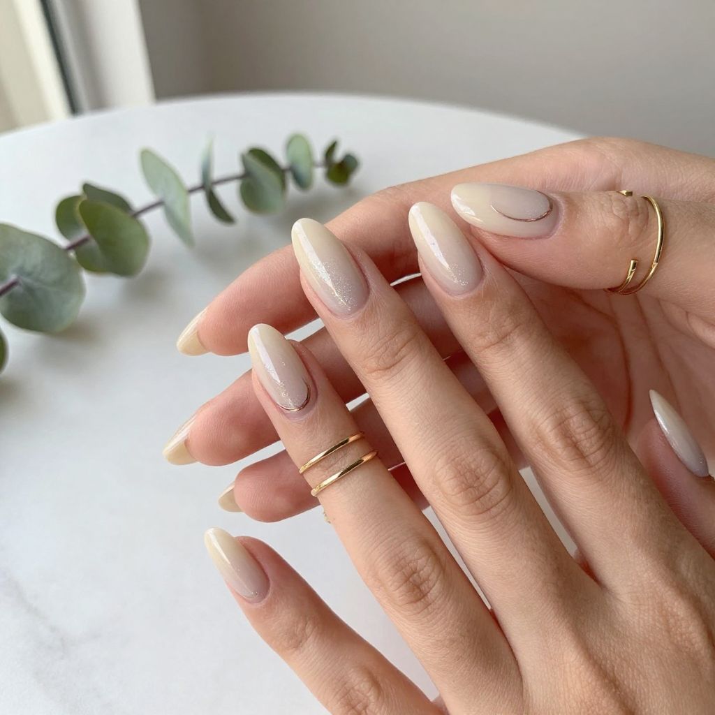 Nude with Subtle Sparkle Almond Nails