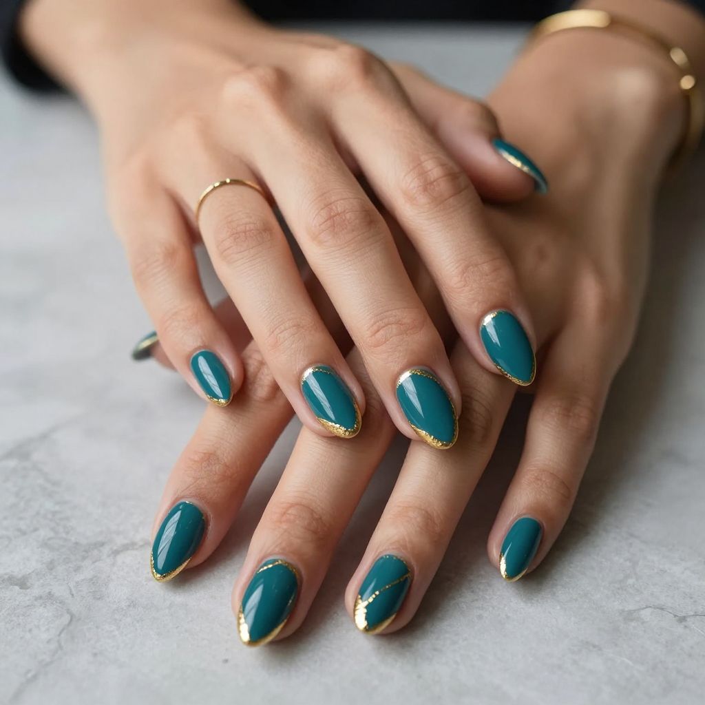 Deep Teal Almond Nails with Gold Foil