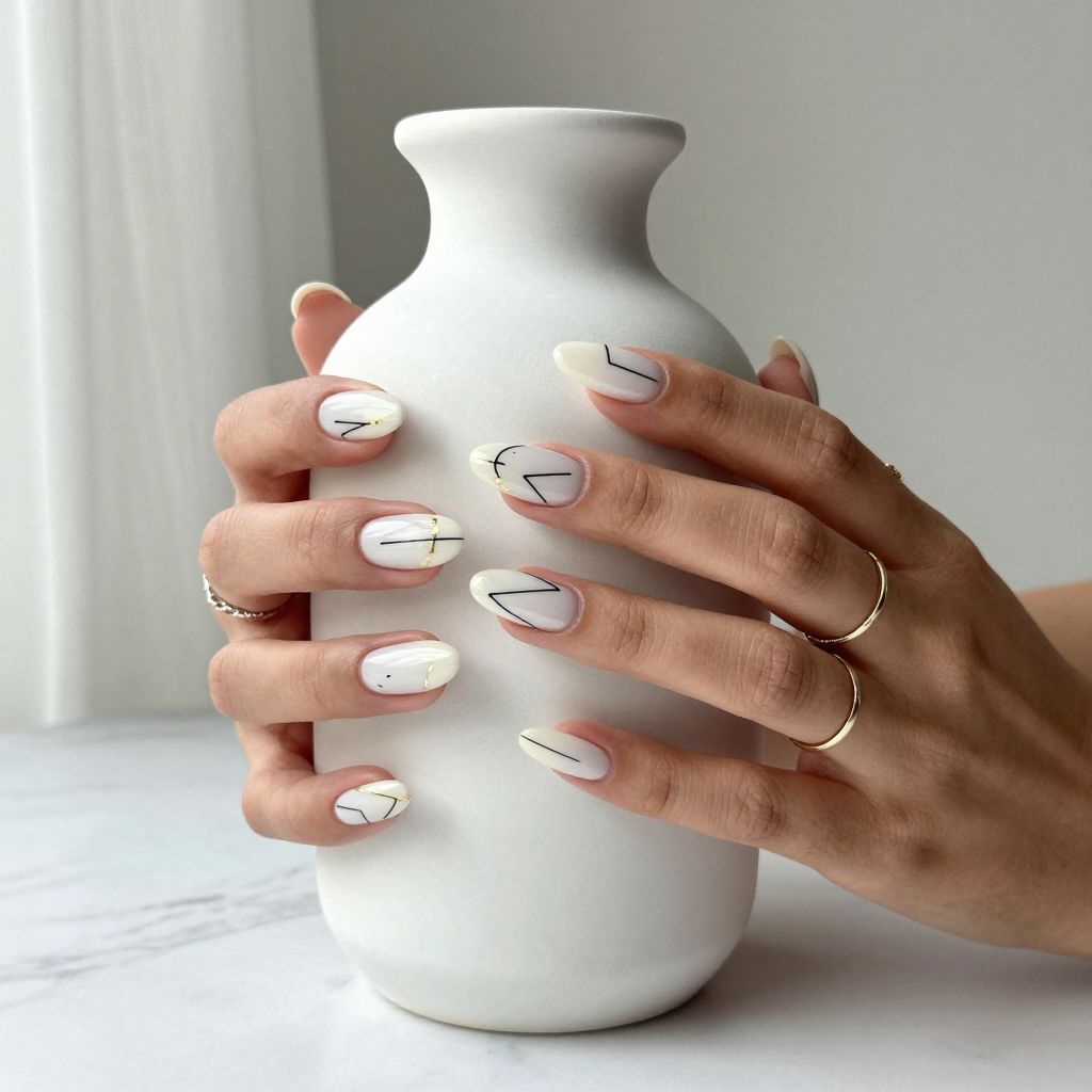 Soft White Almond Nails with Minimalist Art