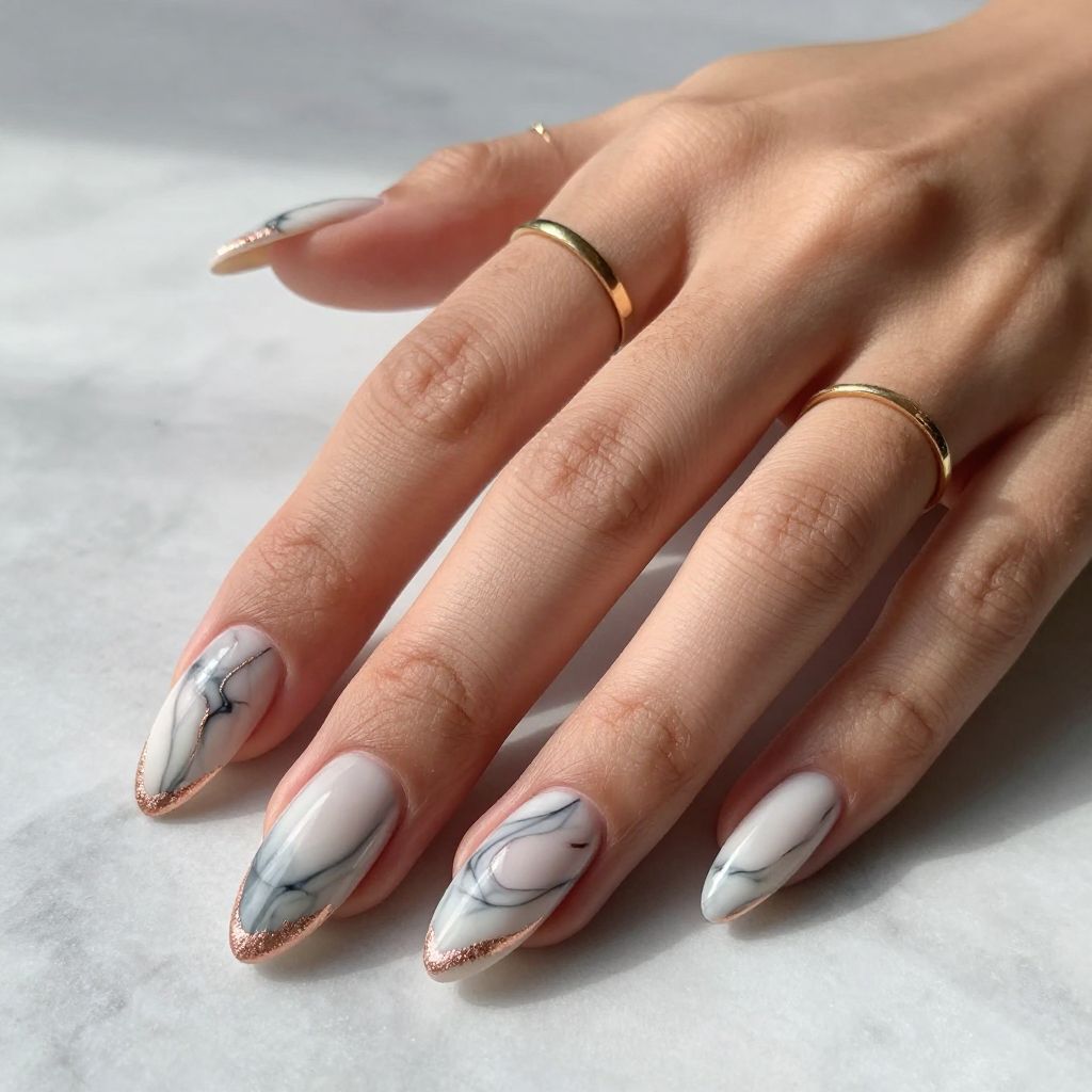 Marble Almond Nails with Rose Gold
