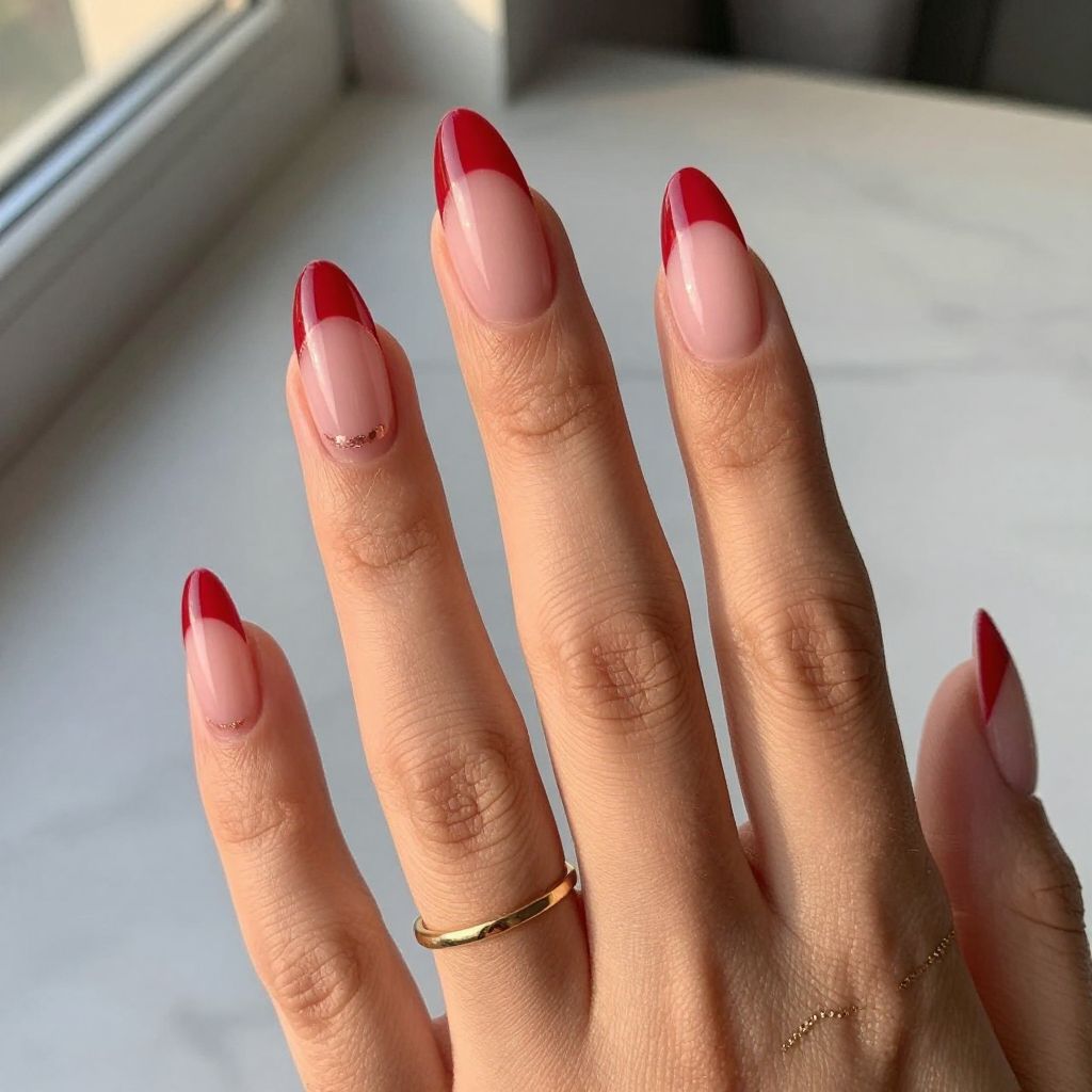 Ombre Red to Pink Almond Nails