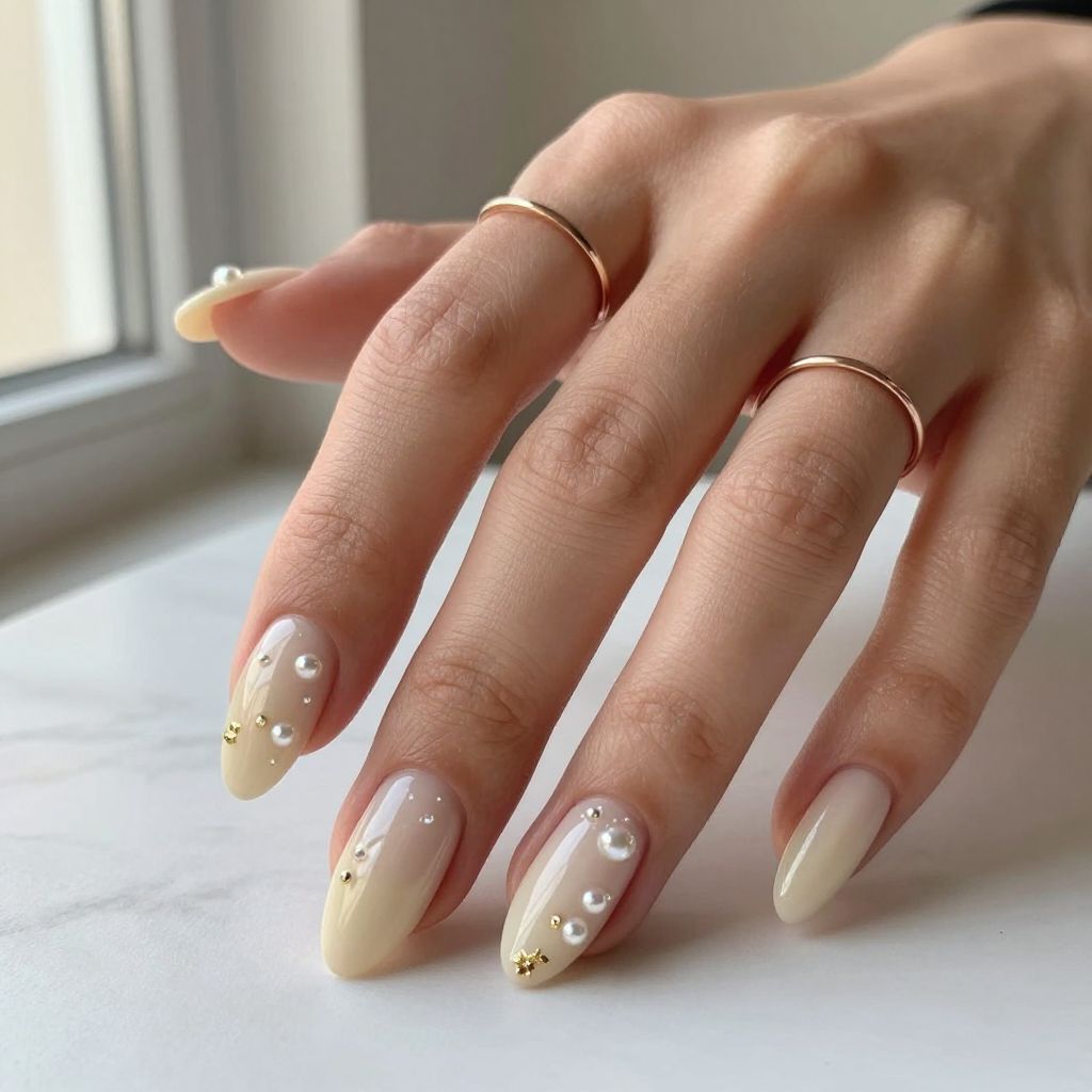 Nude Almond Nails with Pearl Details