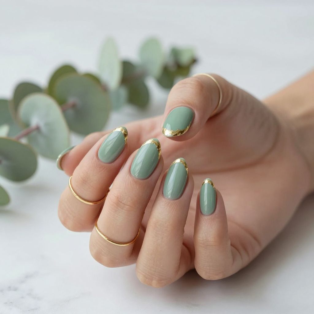 Sage Green Almond Nails with Gold Accents