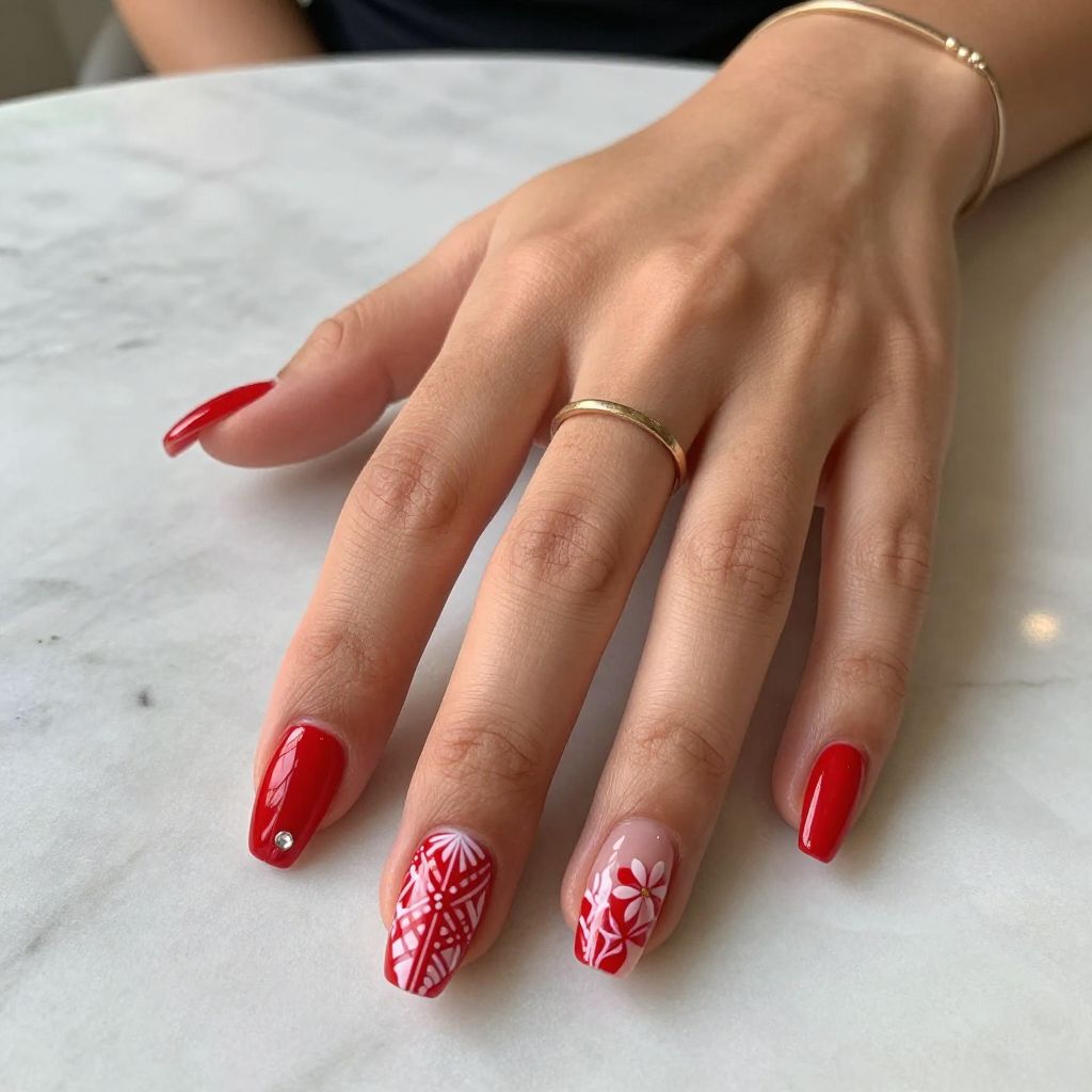 Red Stamped Pattern Nails red nail design