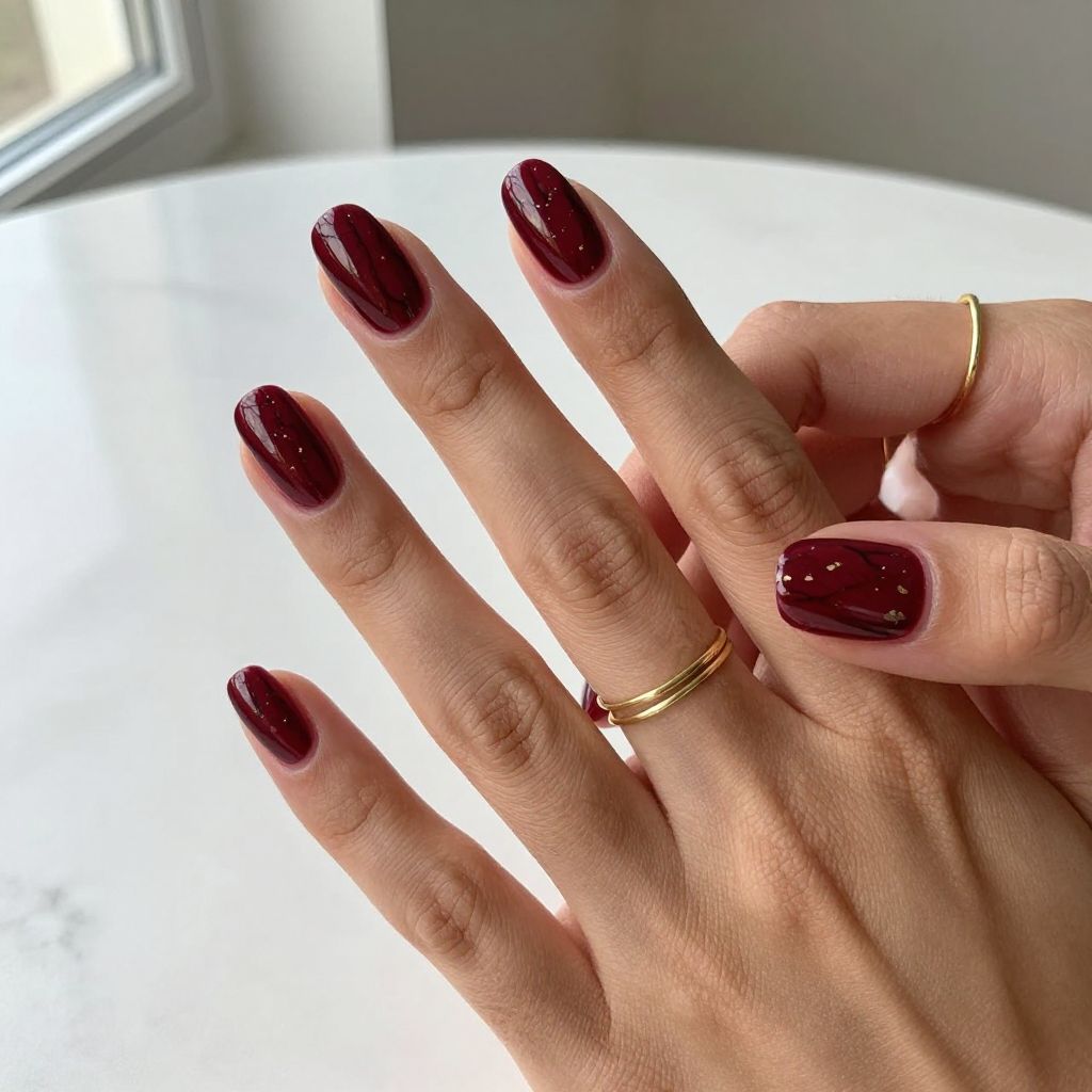 Deep Wine Marble Effect red nail design