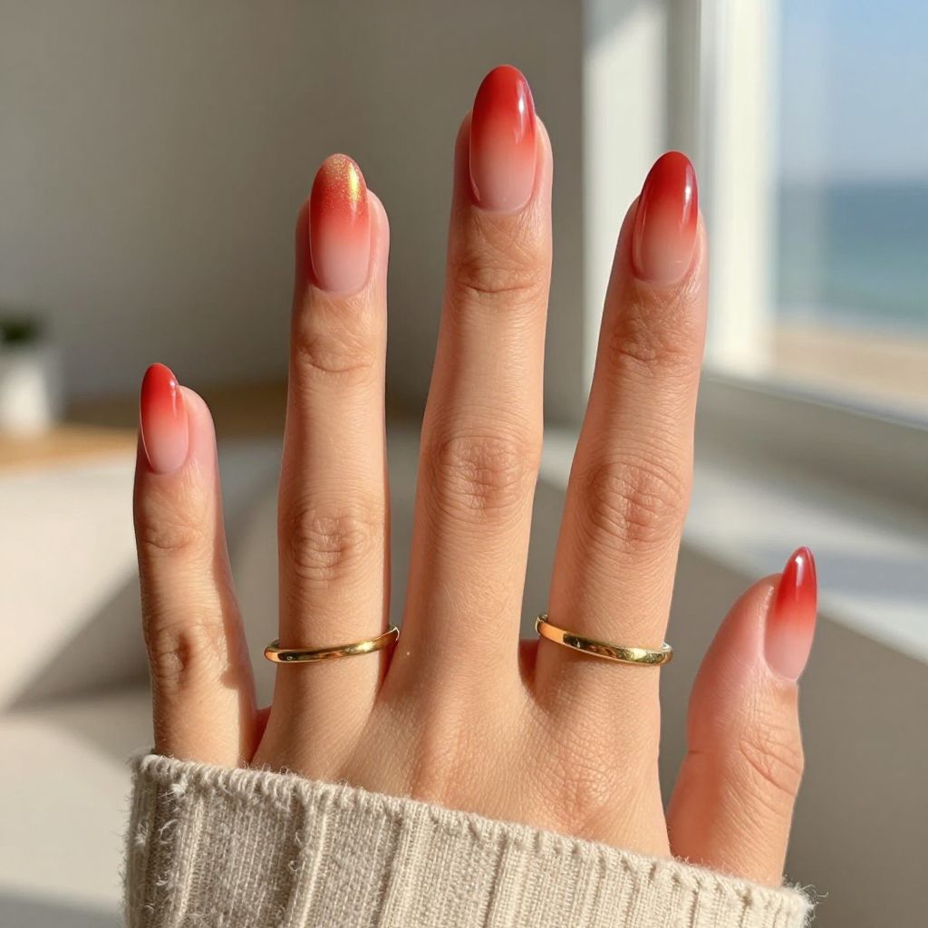 Coral Red Ombre Sunset red nail design