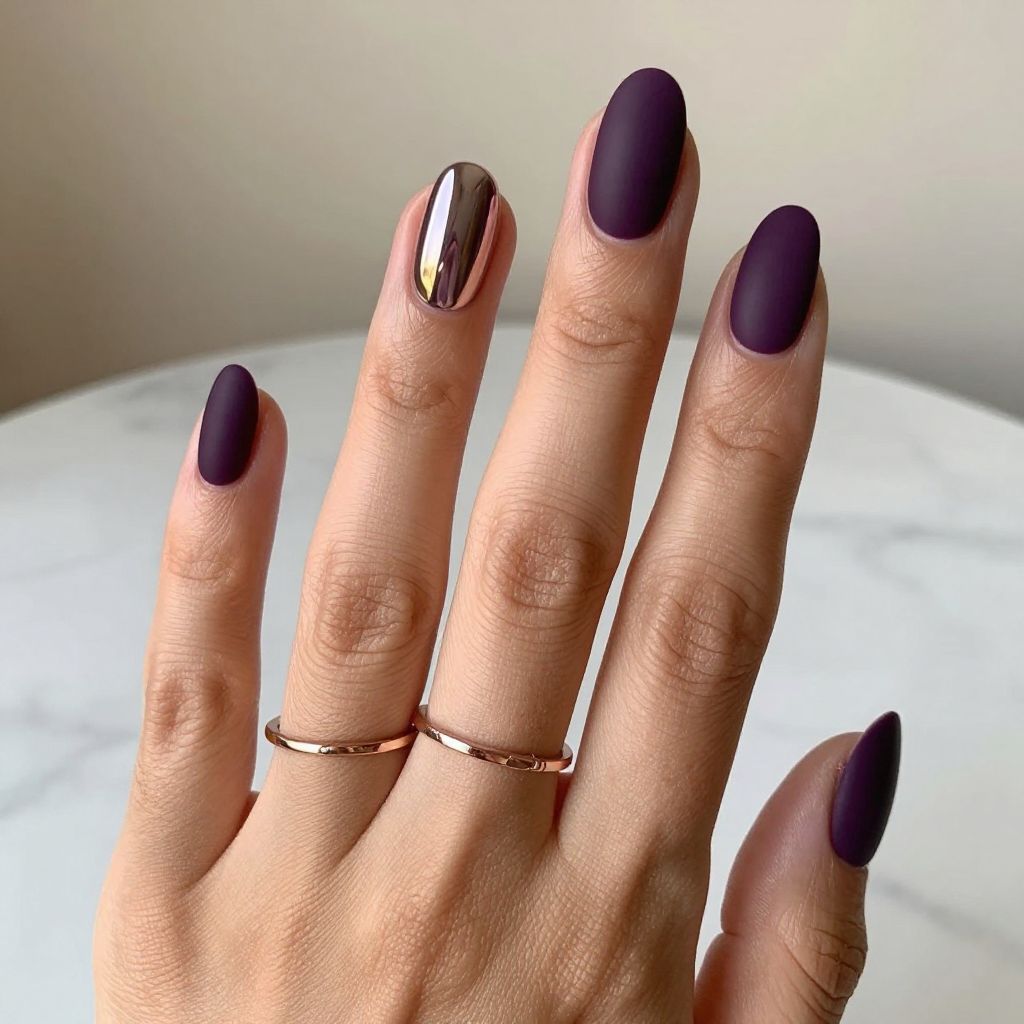 Deep Plum with Chrome Accent Nail