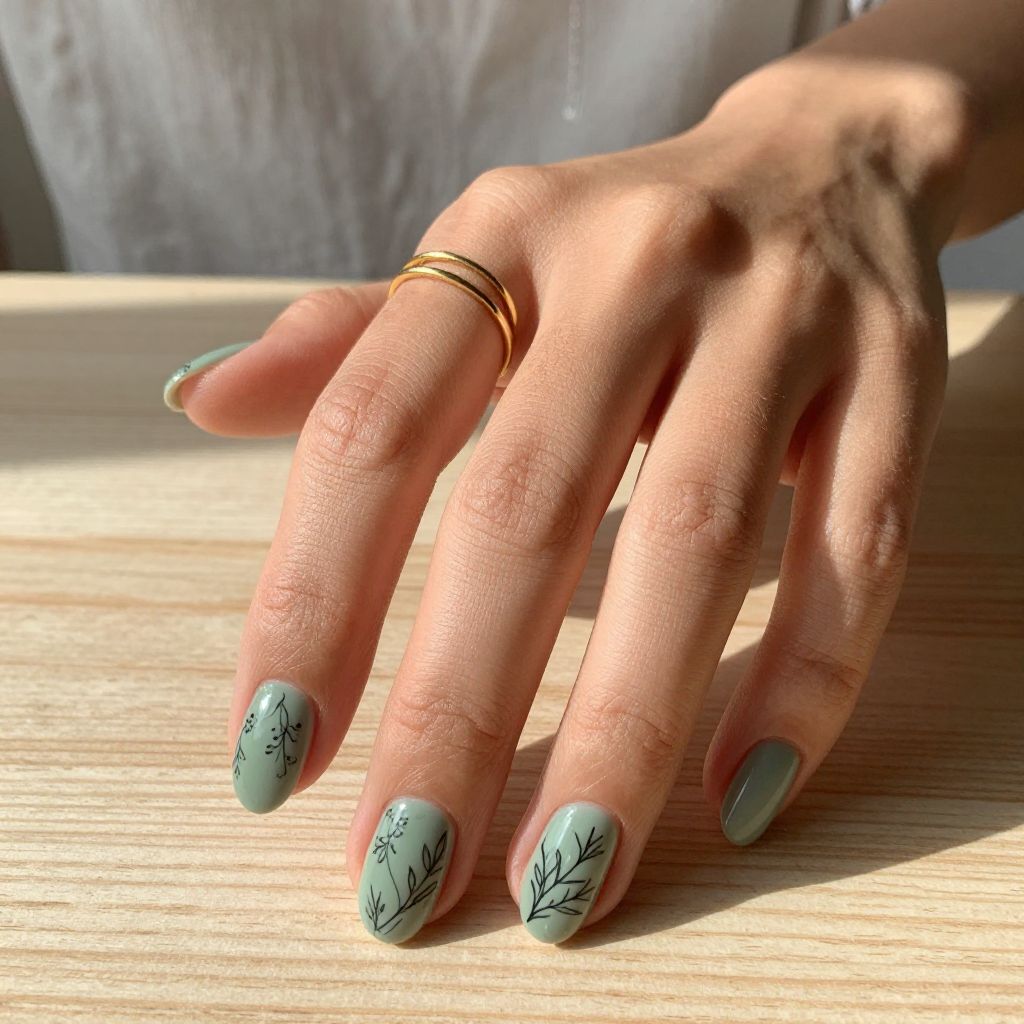 Sage Green with Botanical Line Art