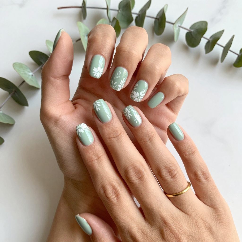 Soft Green with White Floral Short Nails