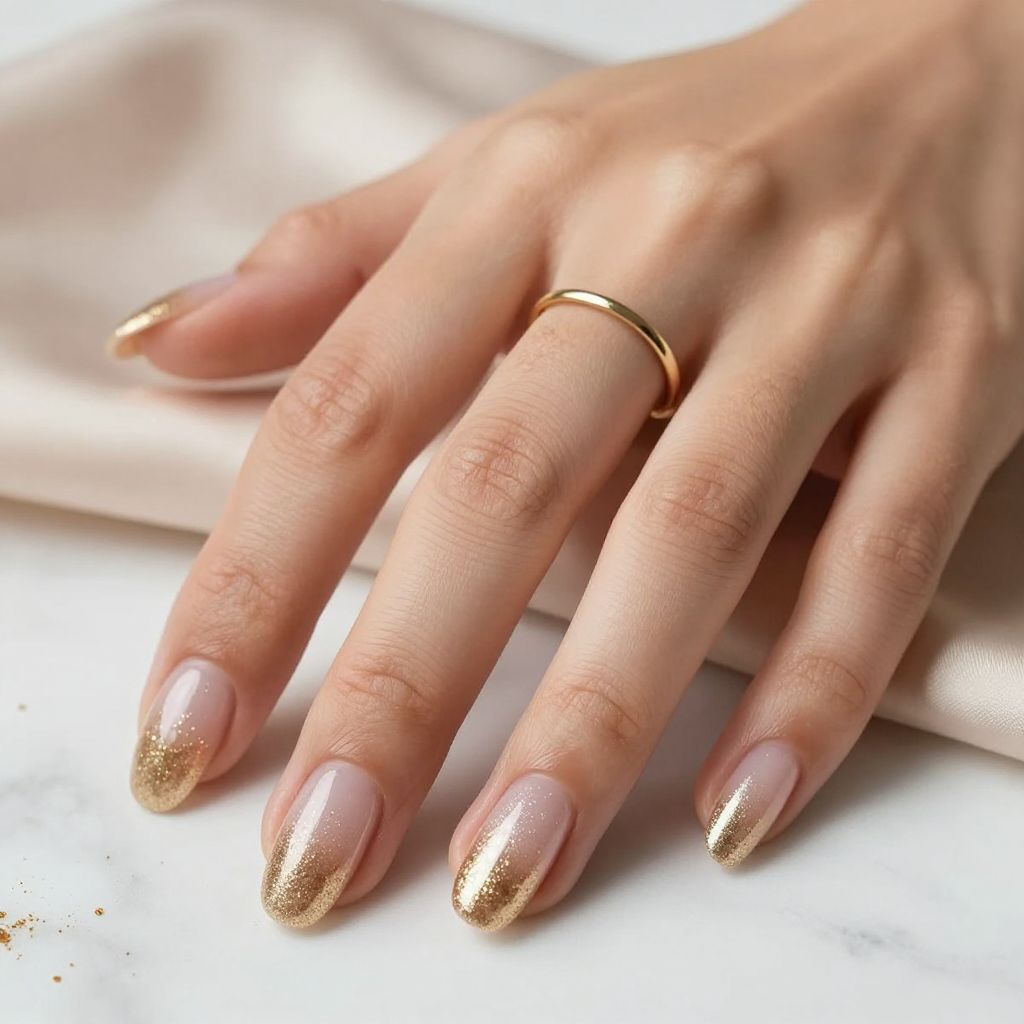 Champagne Glitter Gradient Short Nails