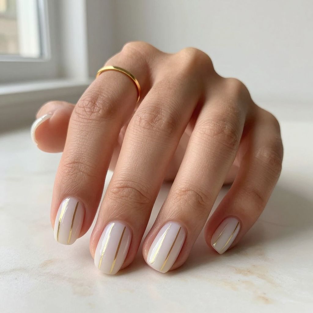 Milky White with Delicate Gold Striping Short Nails