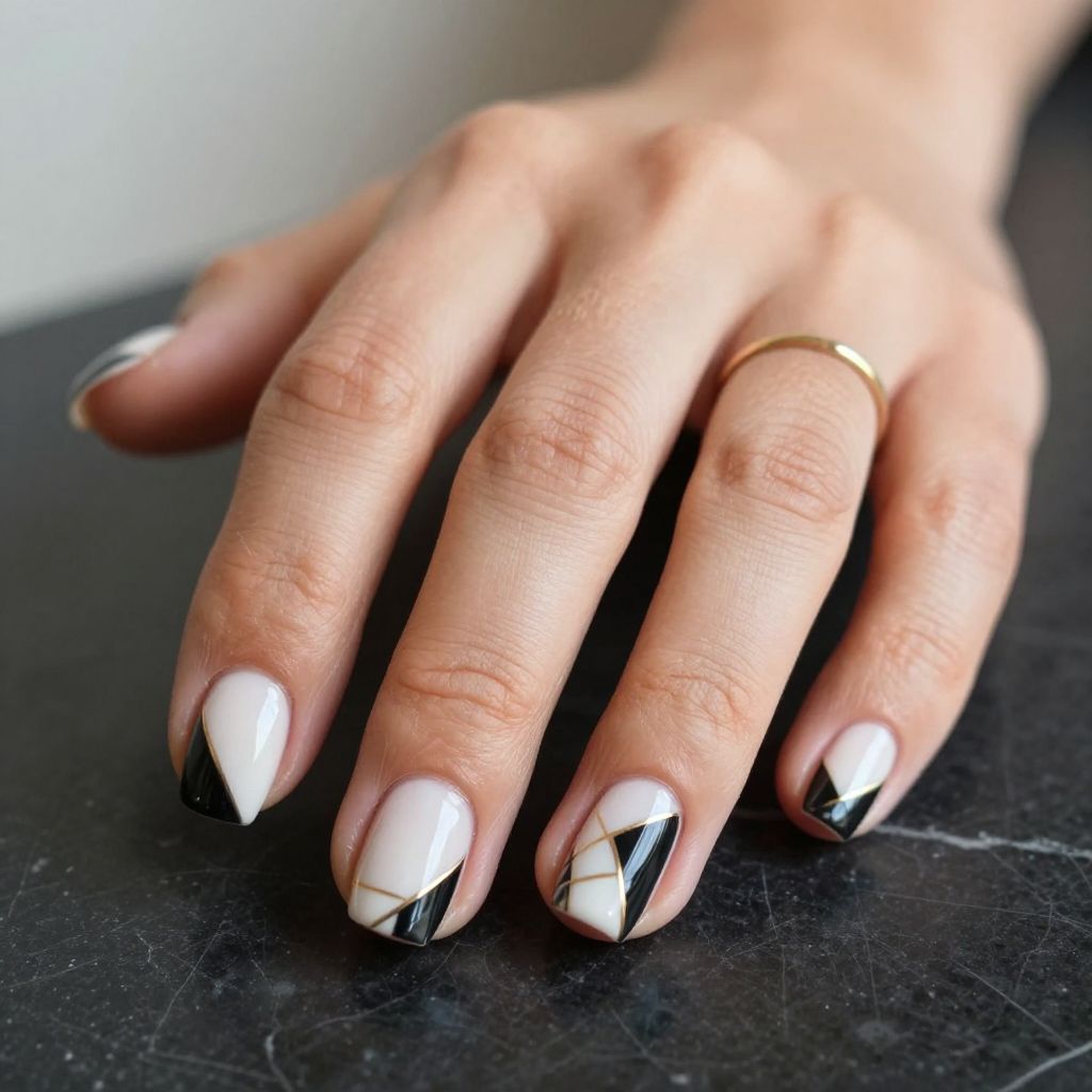 Geometric Black and White Short Nails