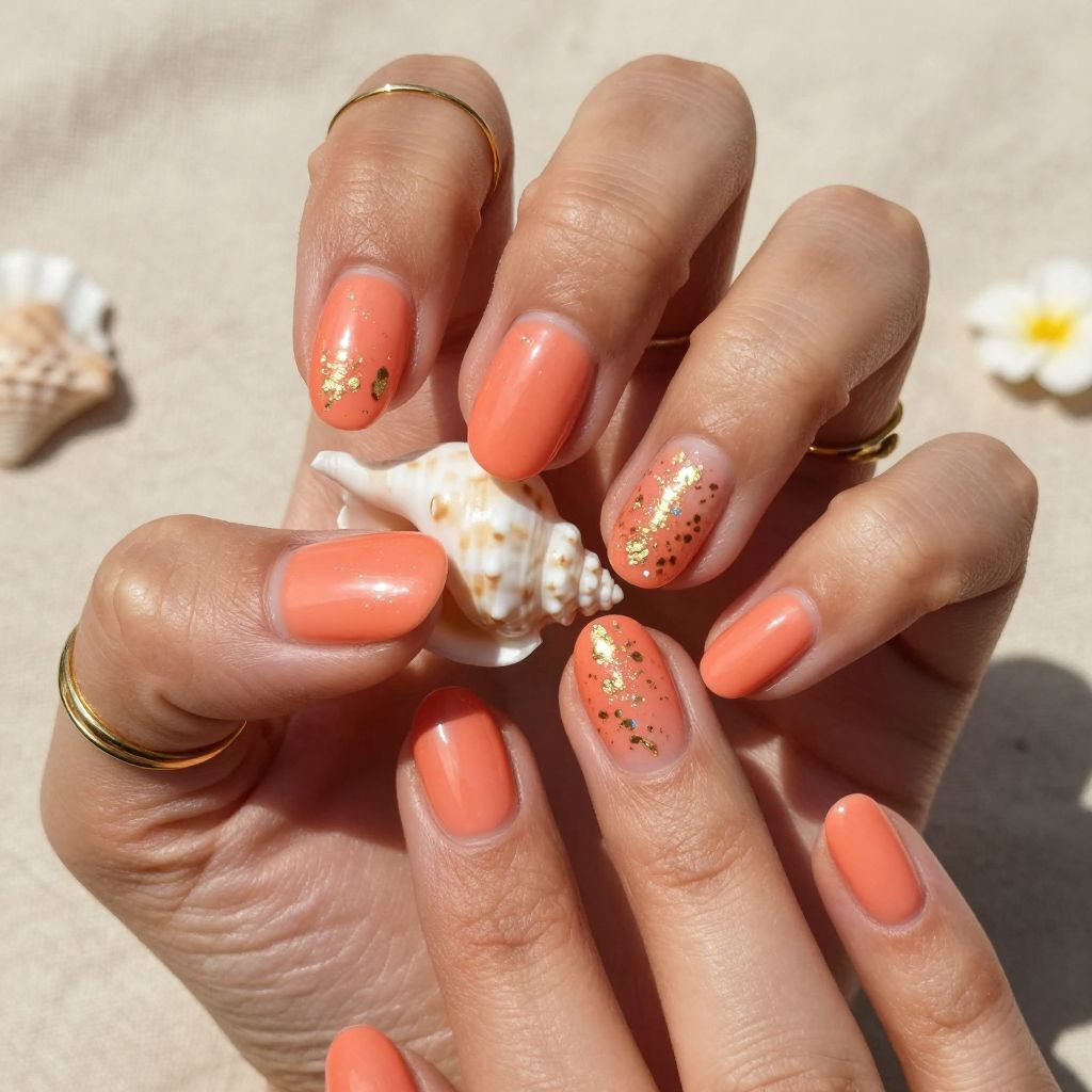 Coral and Gold Accent Short Nails