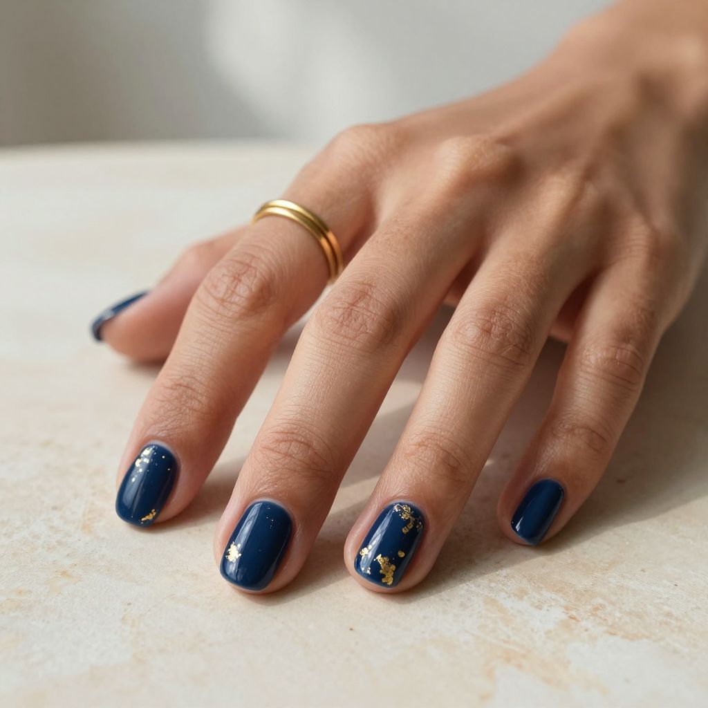 Navy Blue with Gold Foil Short Nails