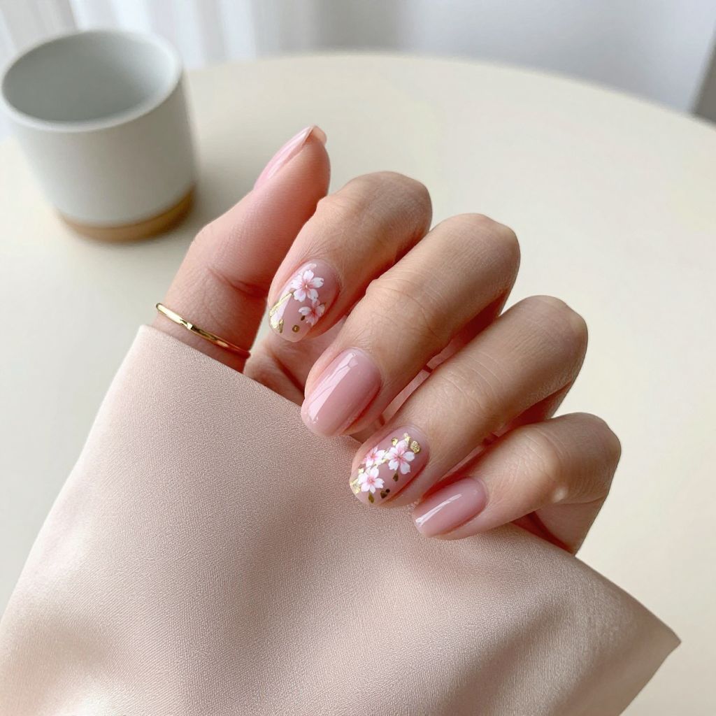 Blush Pink with Hand Painted Cherry Blossoms