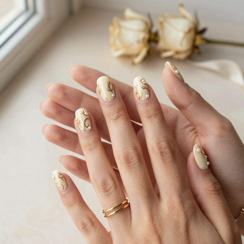Cream Base with Gold Filigree and Pearl Accents