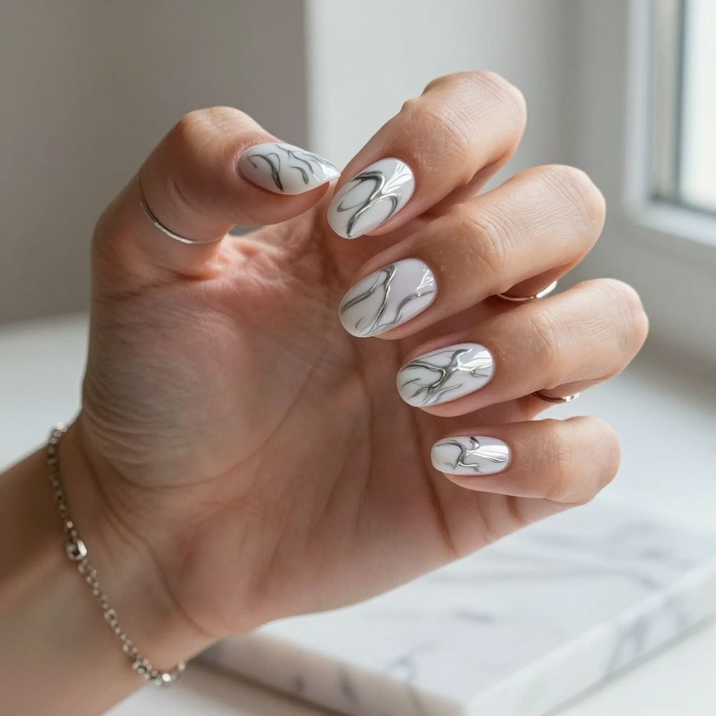 Silver Marble Nails