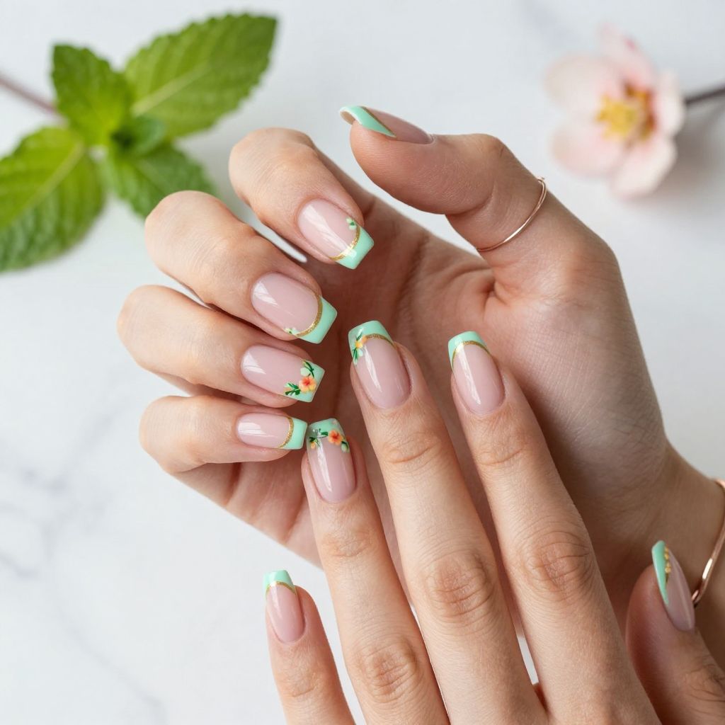 Mint Green French Tip with Floral Details