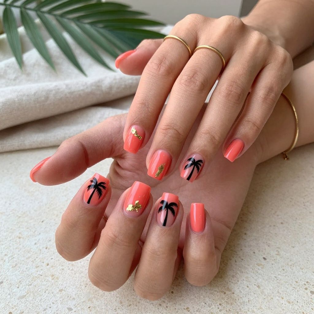 Coral Base with Palm Tree Silhouettes
