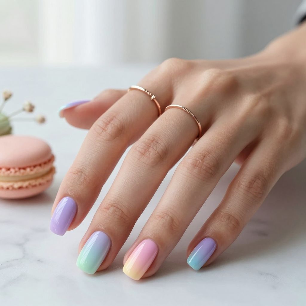 Pastel Rainbow Gradient on Short Square Nails