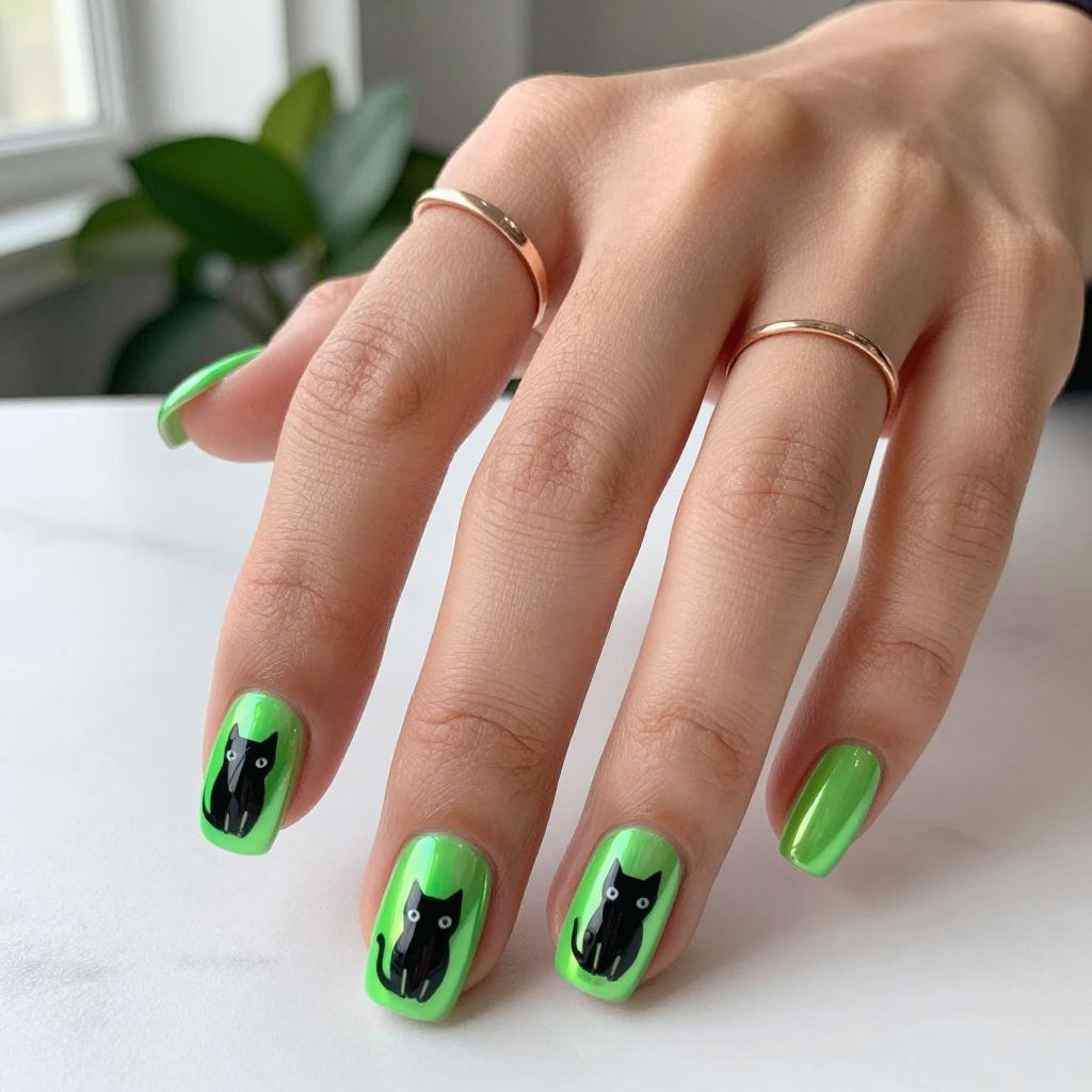 Neon Green Chrome with Black Cat Silhouettes