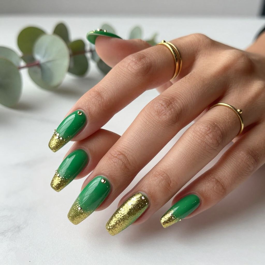 Vibrant Green with Gold Glitter Gradient Tips