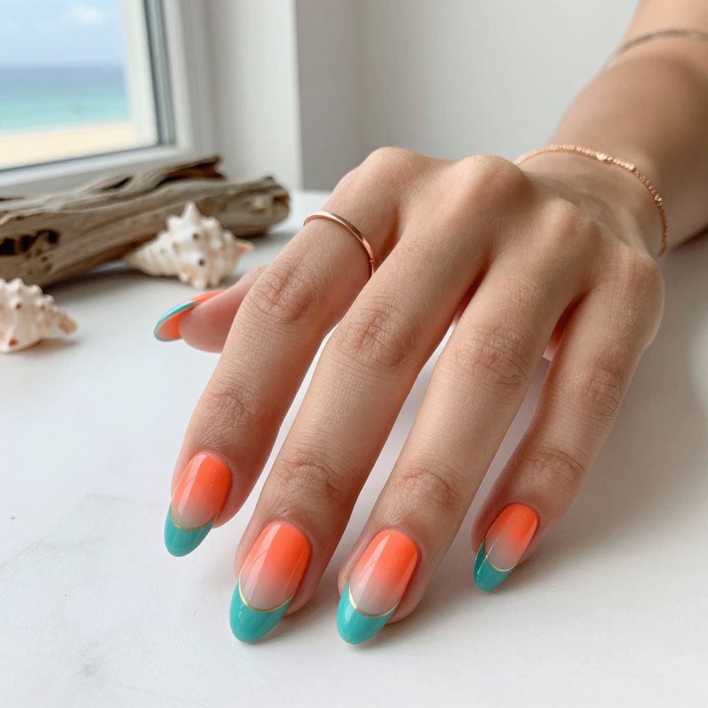 Coral Orange with Teal Ombre Reverse French