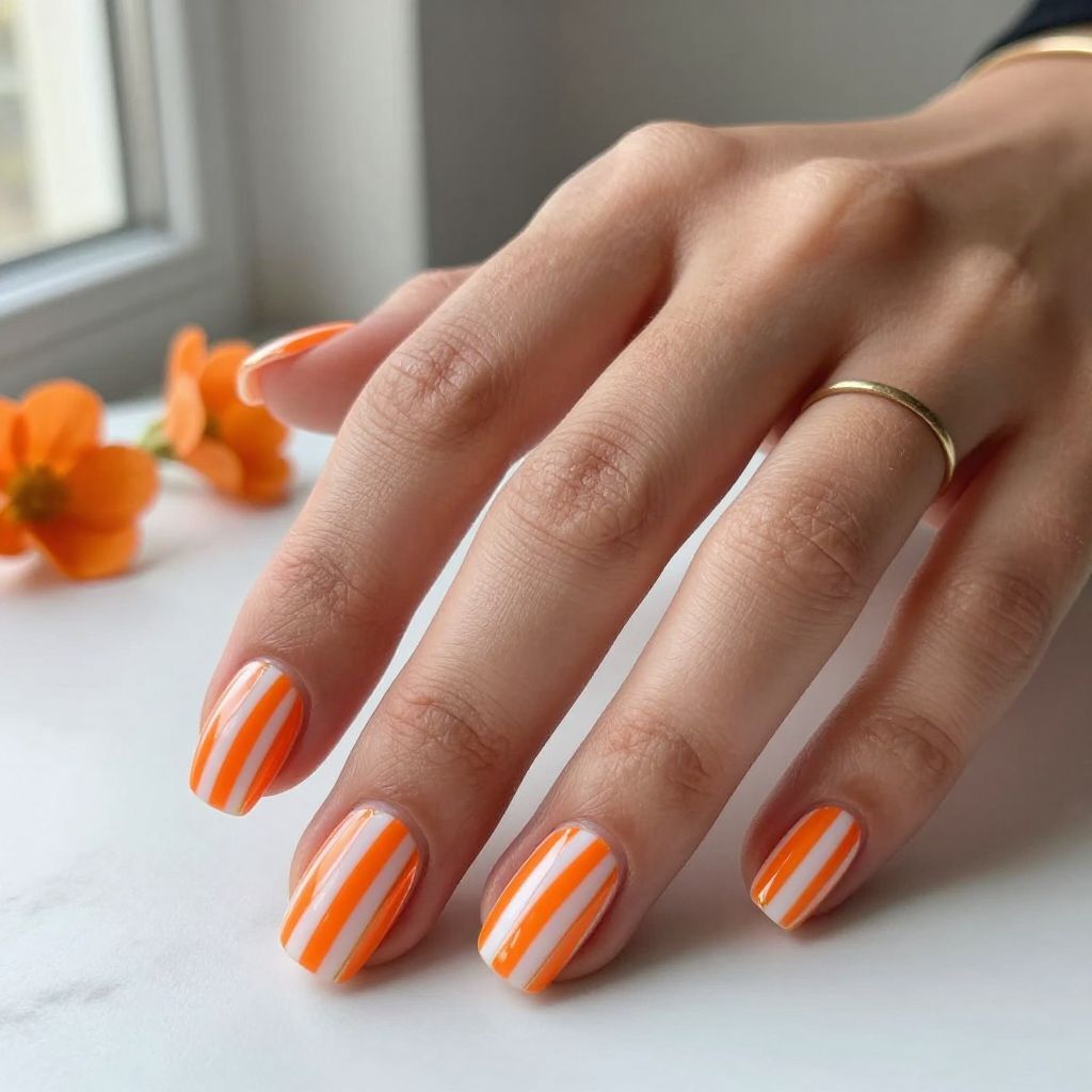 Orange and White Candy Stripe Nails