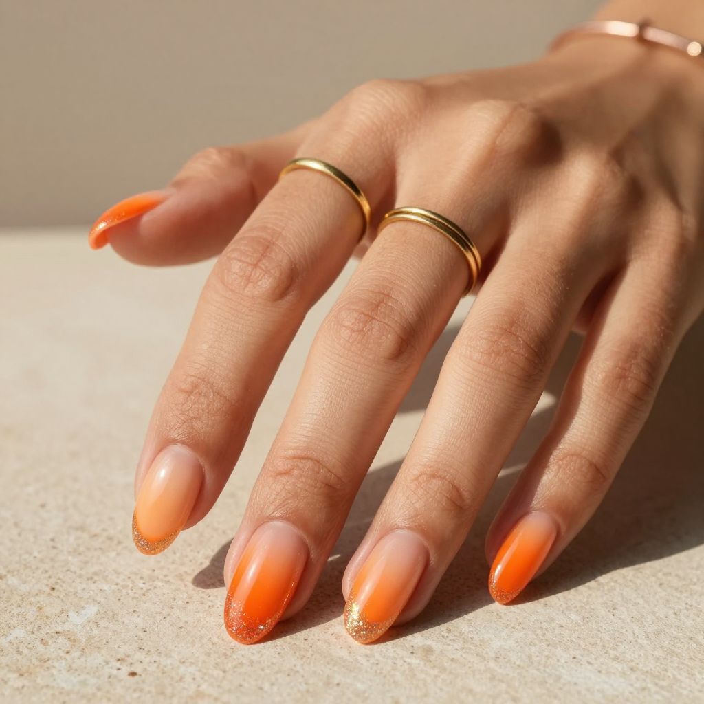 Peachy Orange Gradient with Glitter Tips