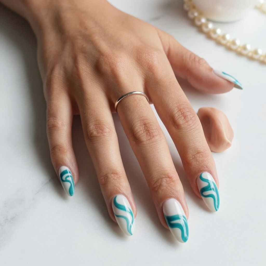 Ocean Wave Swirls in Teal and White