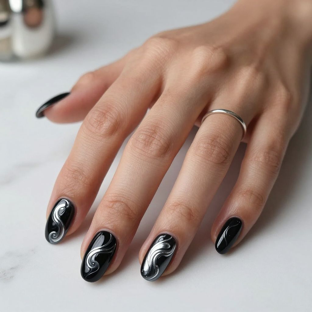 Midnight Black and Silver Swirls
