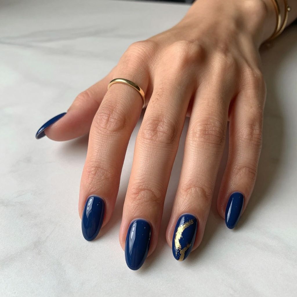 Deep Navy Blue Glossy Almond Nails