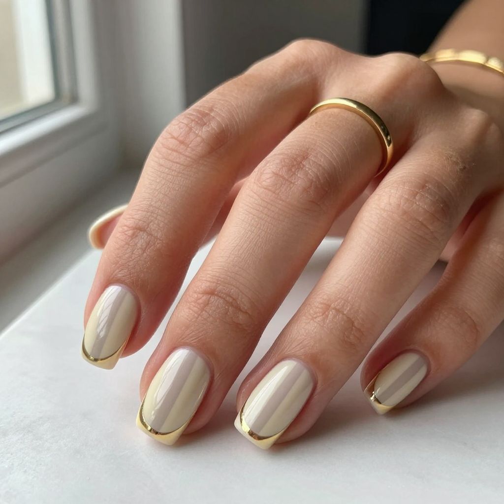 Cream and Taupe Striped Square Nails