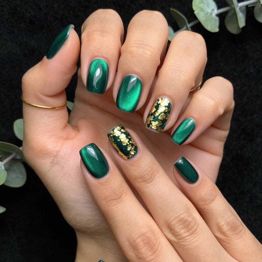 Deep Emerald Cat Eye Oval Nails
