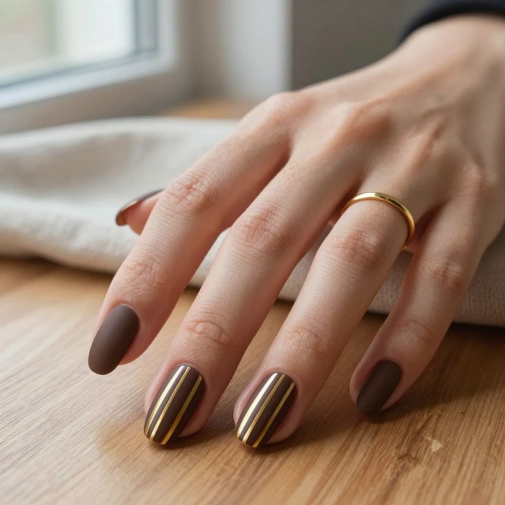 Chocolate Brown and Gold Striped Coffin Nails