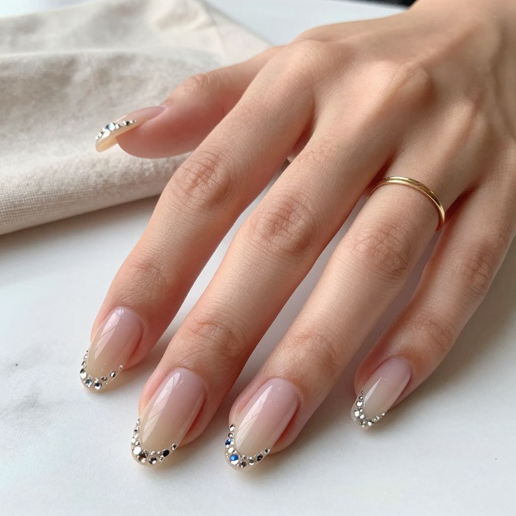 Nude Ombre with Rhinestone Tips