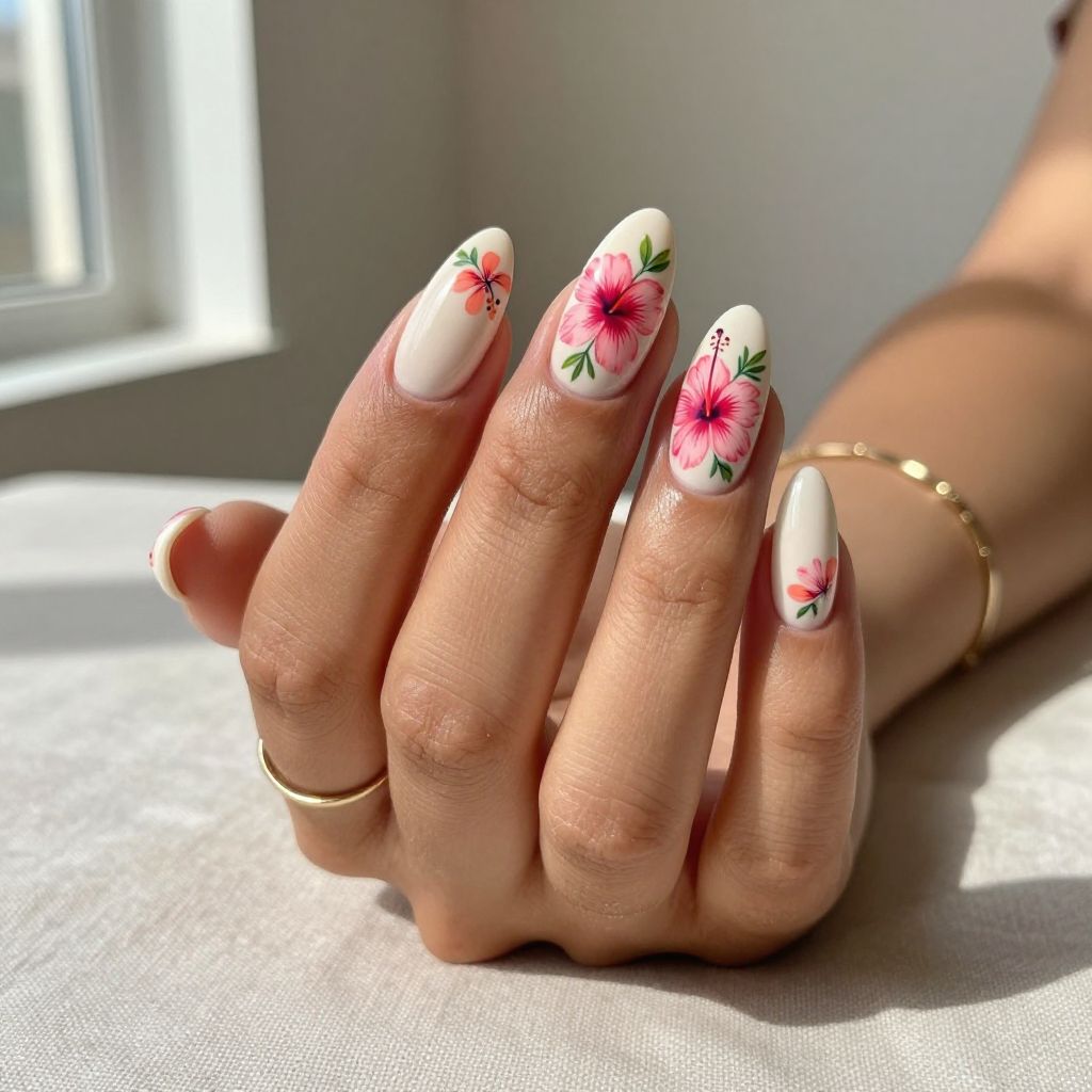 Vibrant Hibiscus Floral Nails