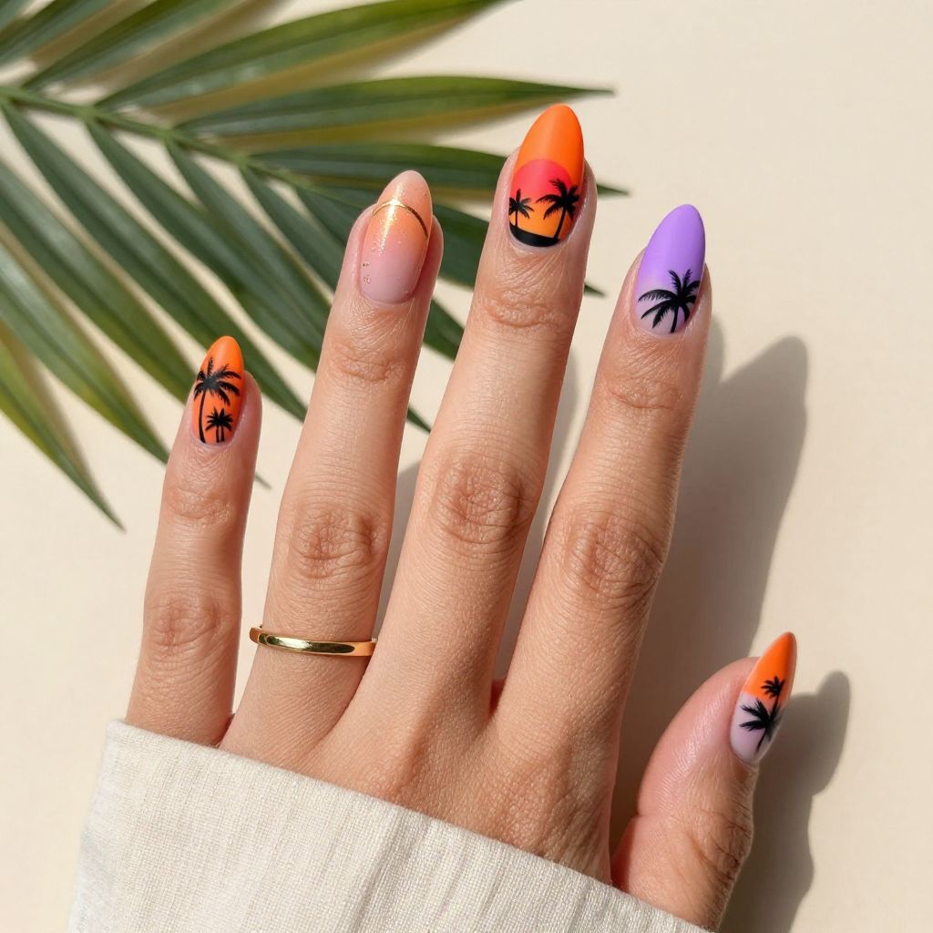 Sunset Gradient Palm Tree Nails