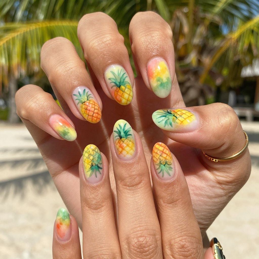 Watercolor Pineapple Paradise Nails