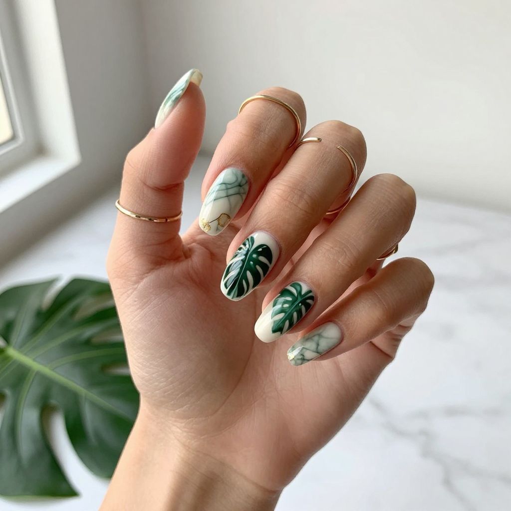 Tropical Monstera Leaf Marble Nails